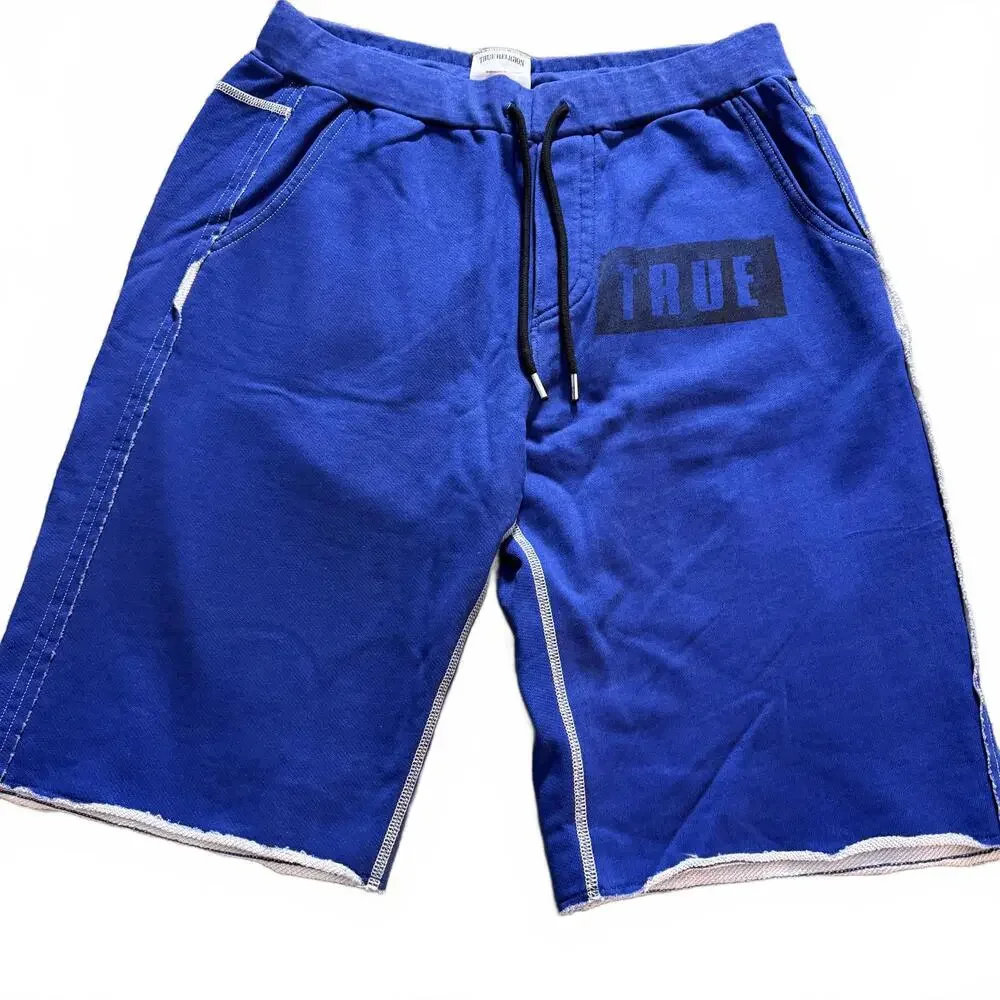 TRUE RELIGIONS‎ Mens SZ M Long Blue Logo'd Sweat Shorts 100% Cotton. Street Wear
